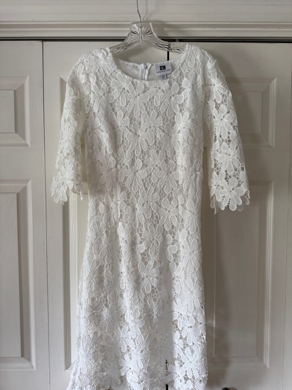 White Lace Midi Dress with Scalloped Sleeves